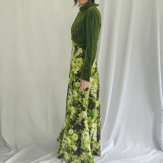 70s Green Velvet Floral Maxi Dress