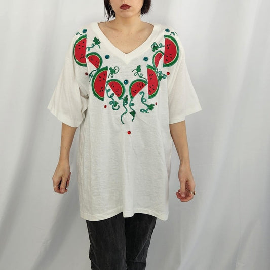 80s/90s Watermelon Puffy Paint V Neck Tee