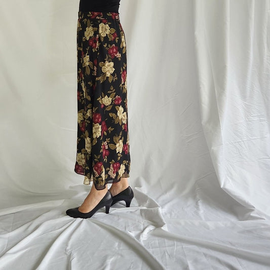 90s Black, Pink, and Beige Dark Floral Maxi Skirt