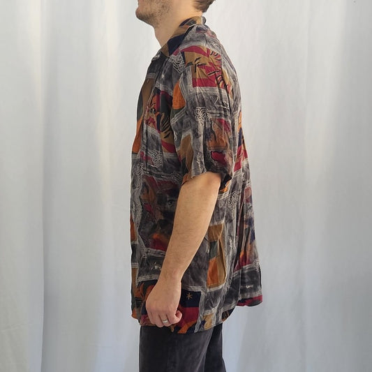90s Gray Funky Rayon Short Sleeve Button Down Shirt