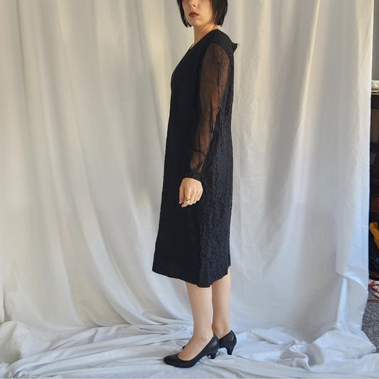 60s Black Lace Sheath Dress with Sheer Sleeves