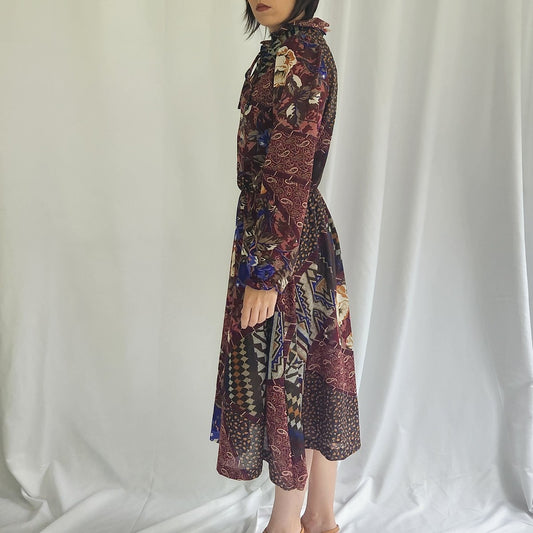 70s Brown Blue and Purple Fall Midi Dress