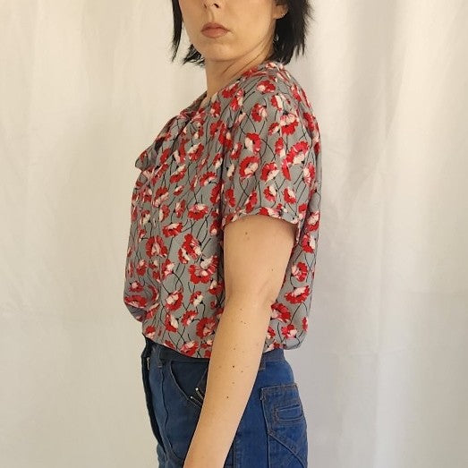70s Home Made Gray and Red Floral Top