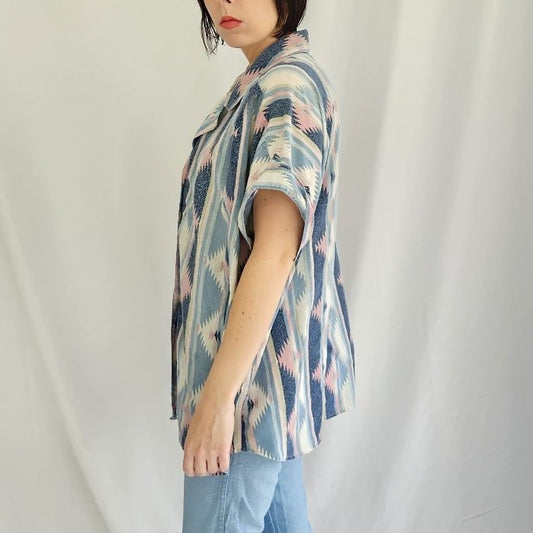 80s Blue and Pink Southwest Inspired Shirt