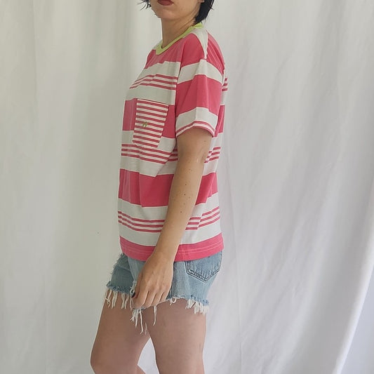 90s Hang Ten Pink and White Striped Pocket Tee