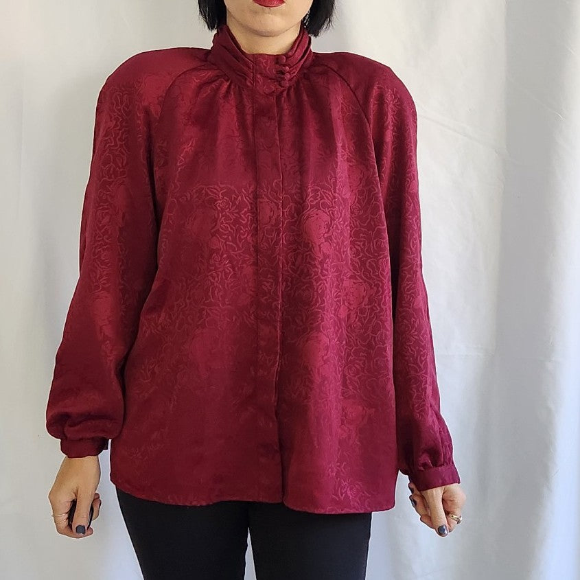 80s Cranberry Red High Neck Blouse
