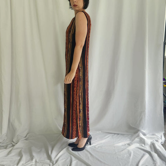 90s Red, Green, and Yellow Striped Sleeveless Maxi Dress