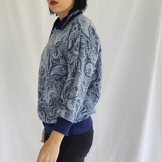 90s Blue Paisley Collared Sweatshirt