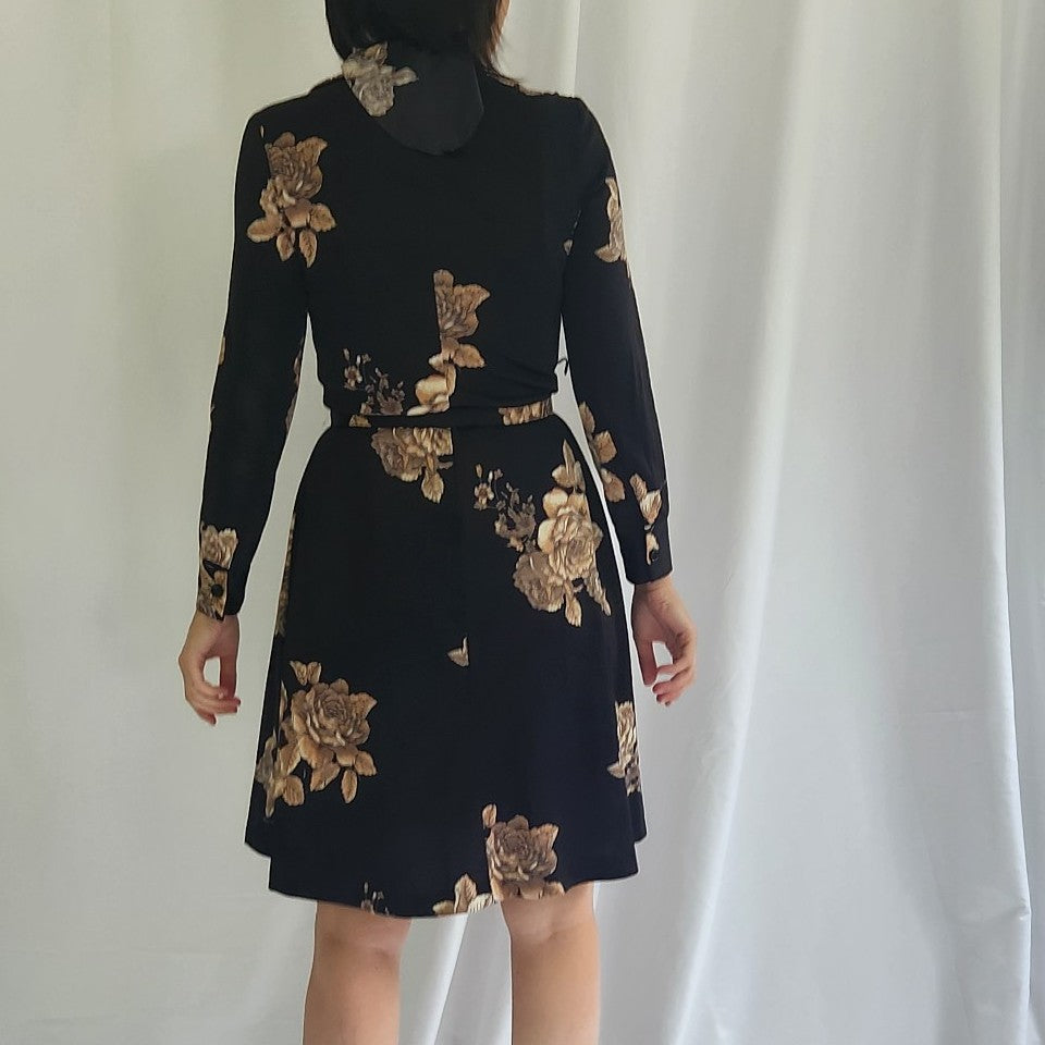 70s Gray and Pink Floral Long Sleeve Dress