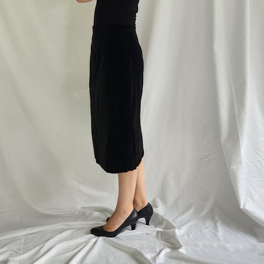 90s Black Velvet Pencil Midi Skirt