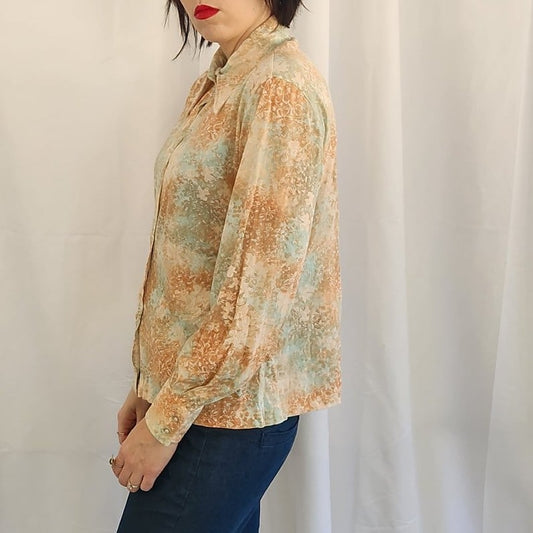 70s Pink and Green Floral Dagger Collar Button Down