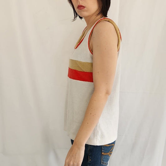 70s/80s White, Tan, and Red Terrycloth Tank Top