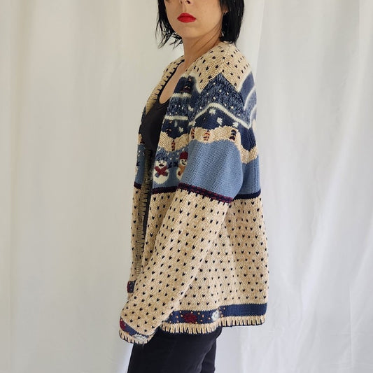 90s/00s Snowman Theme Tan and Blue Cardigan