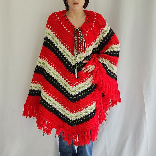 70s Red, Black, and White Striped Poncho