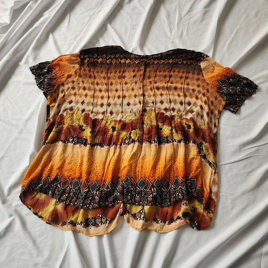 80s Yellow, Brown, and Black Rayon Blouse