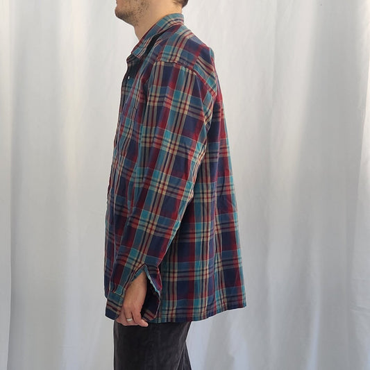 80s Teal, Purple, and Blue Plaid Shirt