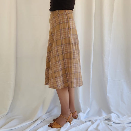 70s Tan Plaid Midi Skirt