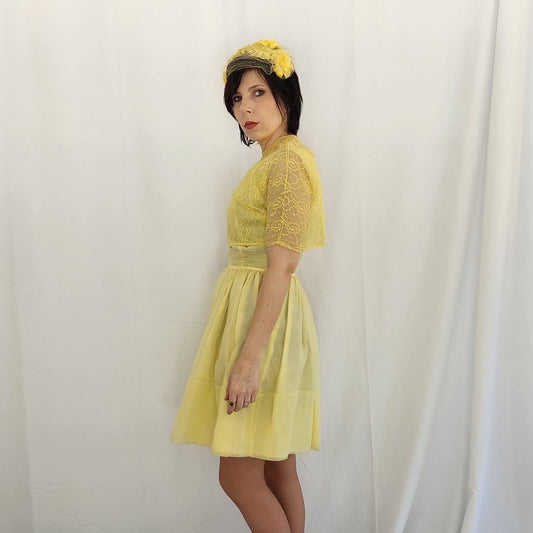 60s Yellow Party Dress with Lace Jacket and Floral Headpiece