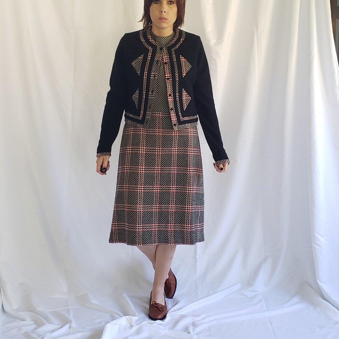 60s Black, White, and Red Plaid Dress with Cardigan Kaitlyn's Vintage Closet 60s Black, White, and Red Plaid Dress with Cardigan Kaitlyn's Vintage Closet