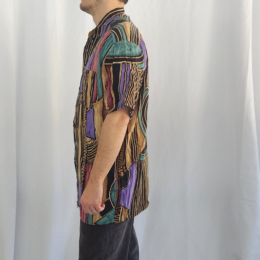 90s Funky Rayon Short Sleeve Button Down Shirt
