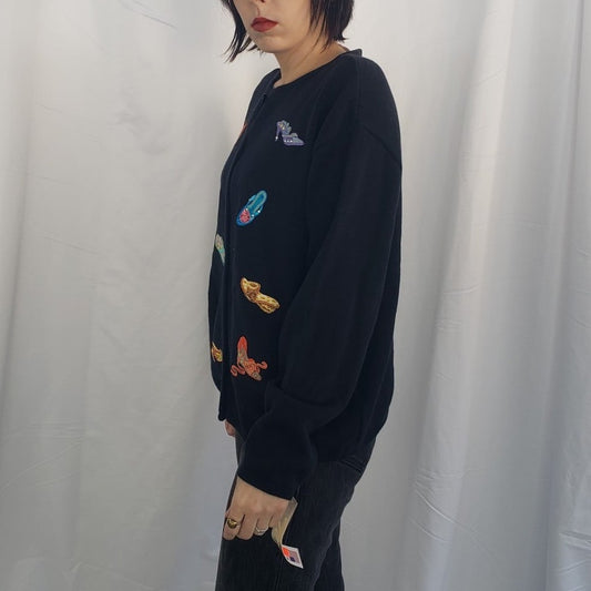 90s Deadstock Black Shoe Theme Cardigan