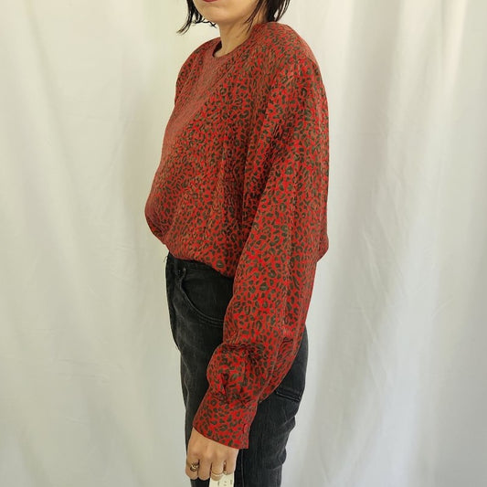 80s/90s Deadstock Red and Brown Cheetah Print Silk Blouse
