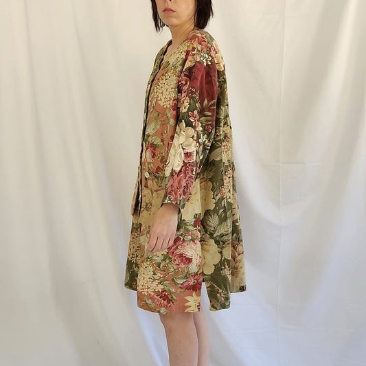 90s Green and Pink Floral Oversize Jacket or Dress