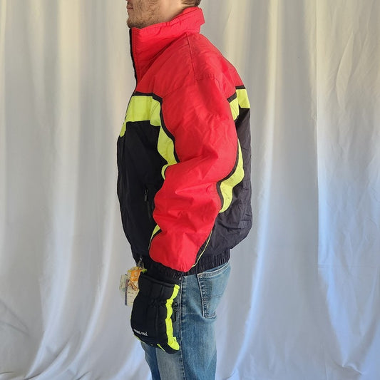 90s Red, Black, and Yellow Ski Jacket and Gloves