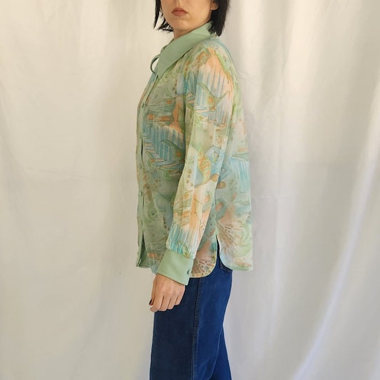 70s Green and Peach Carnival Theme Novelty Print Dagger Collar Shirt