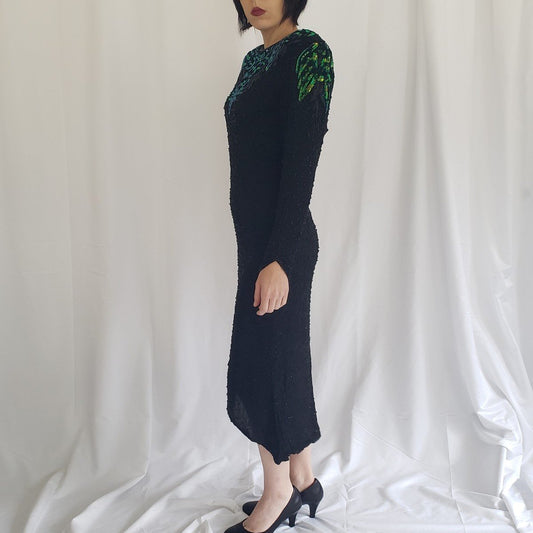 80s/90s Black Silk Beaded Dress