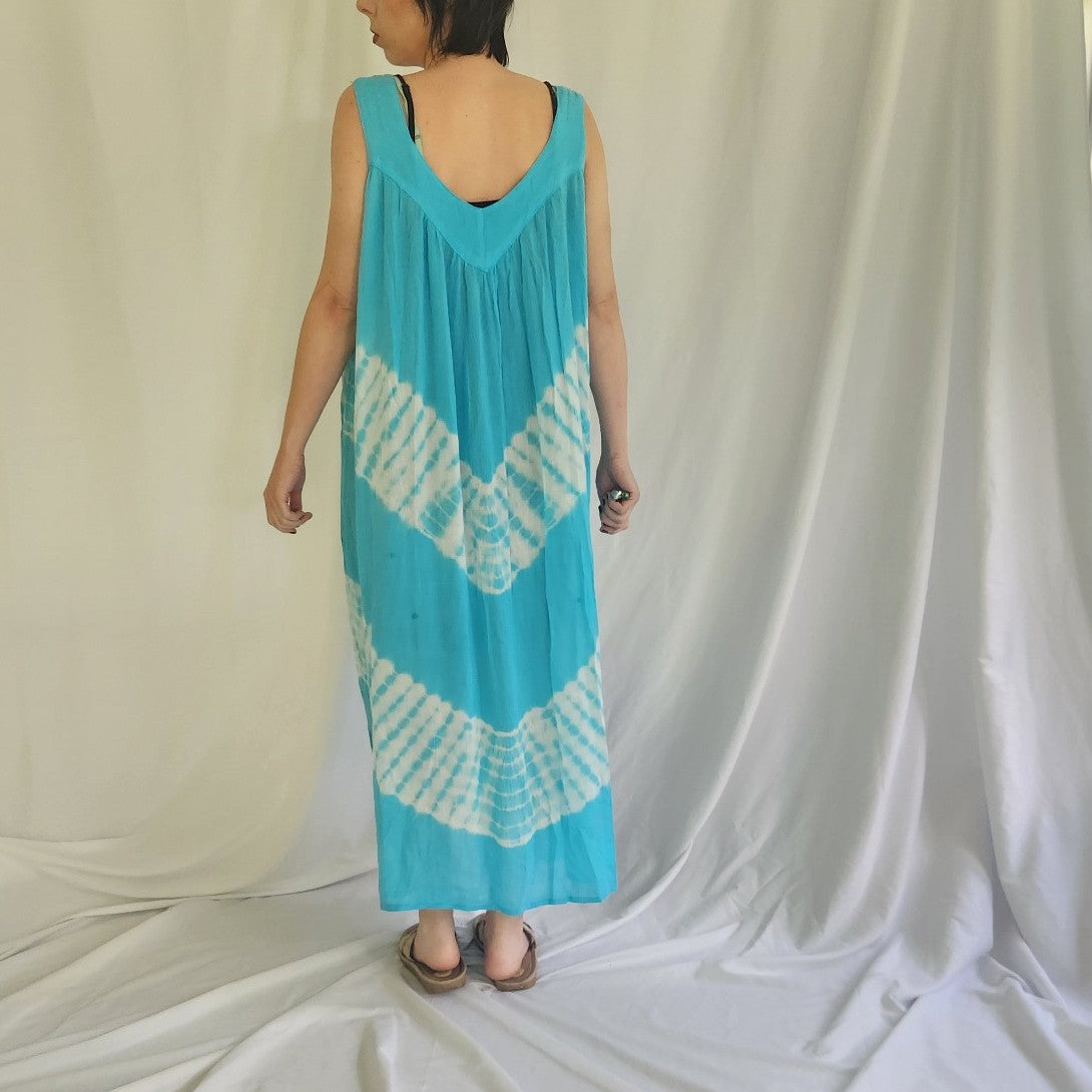 90s Blue and White Floral Tie Dye Sundress