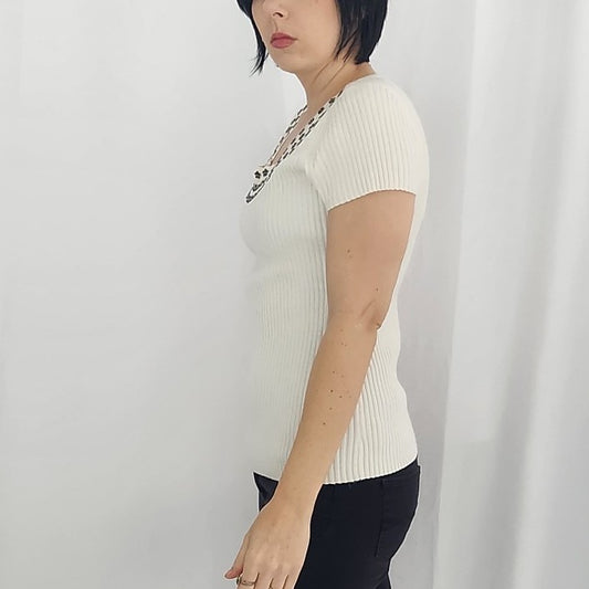 Y2K White Ribbed Blouse