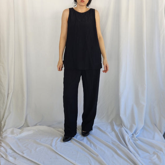90s Black Rayon Pants and Tops Set