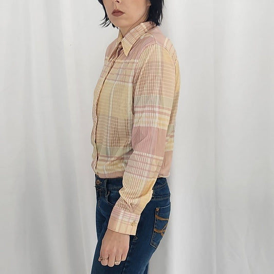 70s Pink and Yellow Plaid Dagger Collar Shirt