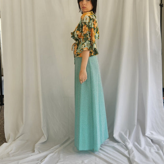 70s Teal Sparkly Dress with Floral Jacket