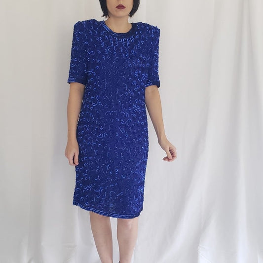 80s/90s Blue Silk Sequin Covered Dress