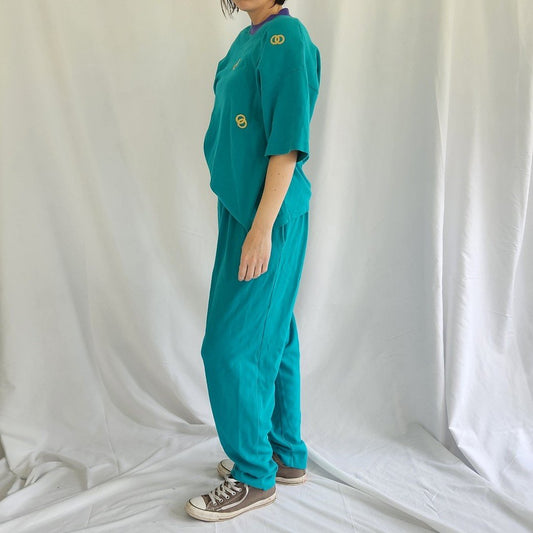 80s/90s Teal and Purple Tee and Pants Set