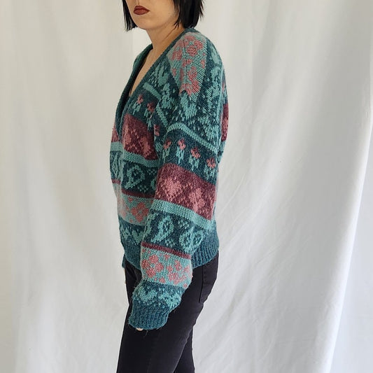 90s Teal and Mauve Oversize V Neck Sweater