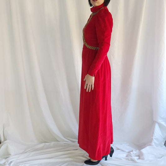 70s Hand Made Red Velvet High Neck Gown