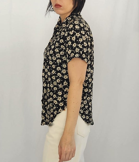 90s Black Daisy Print Button Down