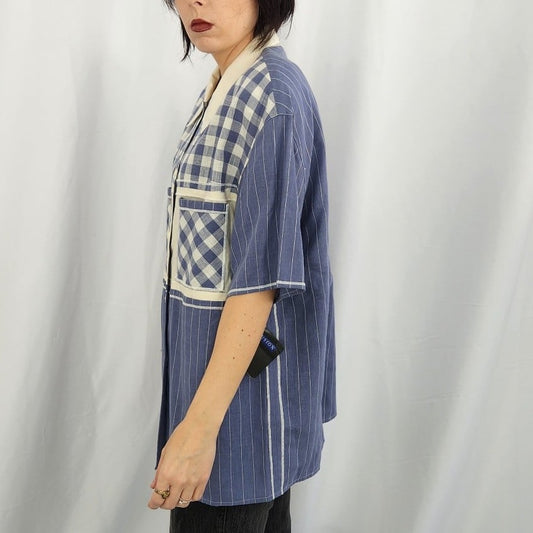 90s Deadstock Purple and White Plaid and Stripes Button Down