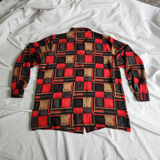 90s/00s Red, Black, and Brown Geometric Print Button Down