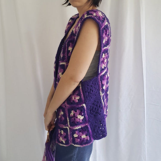 Vintage Purple Hand Made Granny Square Vest and Matching Purse