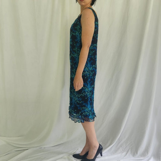 90s 100% Silk Blue and Green Floral Sheath Dress