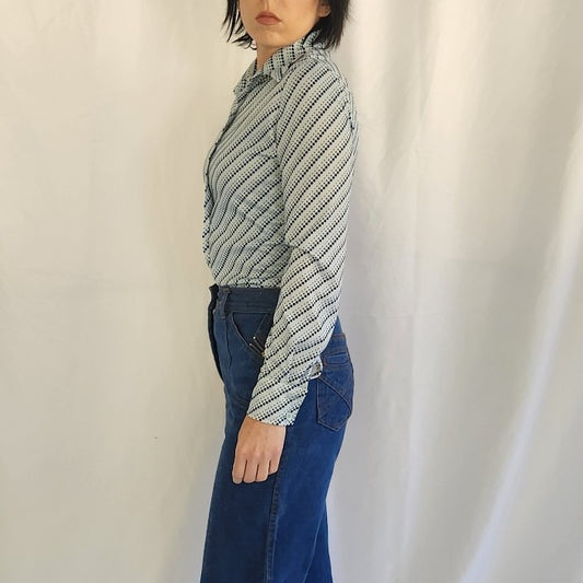70s Blue Polka Dot Dagger Collar Shirt