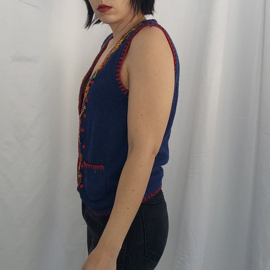 90s Blue Beaded Silk Sweater Vest