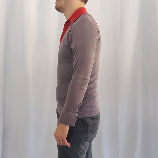 80s Gray and Red Long Sleeve Polo