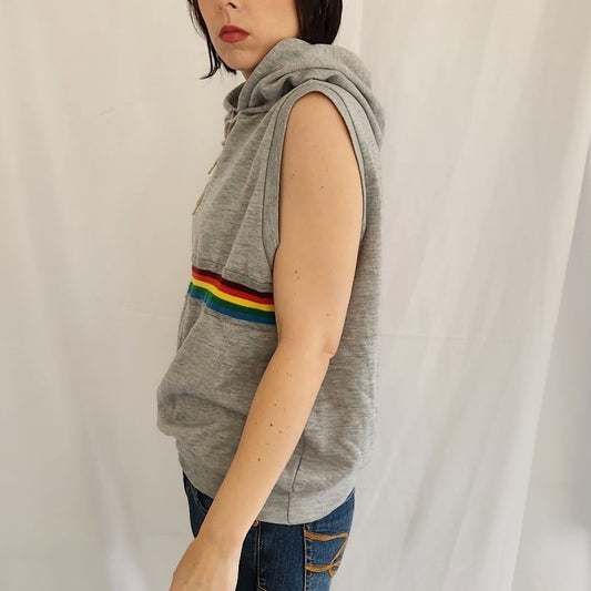 80s Gray and Rainbow Sleeveless Hooded Shirt