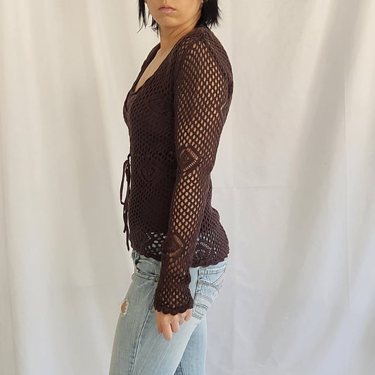 Y2K Brown Crochet Boho Layered Top