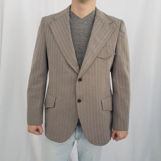 70s Tan and Blue Geometric Print Blazer
